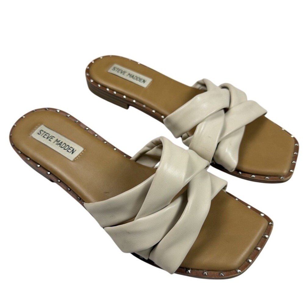 Steve Madden Trial Slides Cream Leather Sandals Studded Flat Square Toe Sz‎ 8